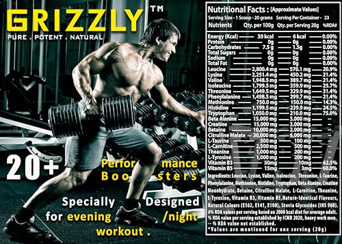 Image of Grizzly Nutrition Night Hawk No Caffeine Pre Workout Powder, Stimulant-Free Energy, Focus & Muscle Pump with L-Citrulline, Creatine, 460g Pack, Kiwi Crush, with 30g Energy Caffeine Pack