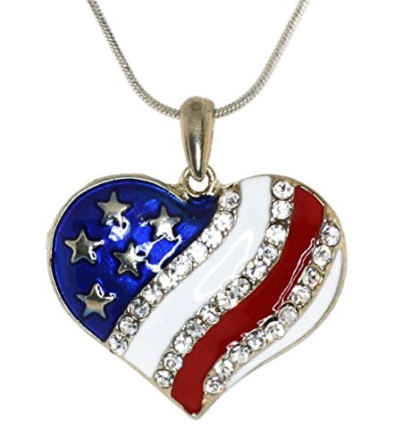 Mevoi American Flag Heart Pendant with Simulated Rhinestone