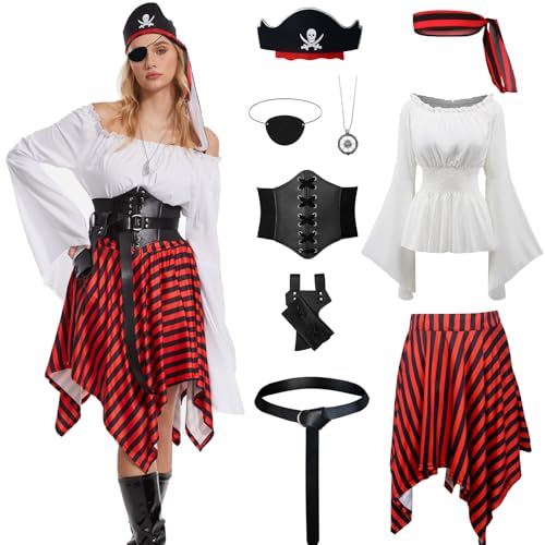 AJGEGJE Disfraz de pirata para mujer con cinturón, pañuelo para la cabeza, parche en los ojos, conjunto medieval para Halloween, cosplay (S) AJGEGJE Disfraz de pirata para mujer con cinturón, pañuelo para la cabeza, parche en los ojos, conjunto medieval para Halloween, cosplay (S)