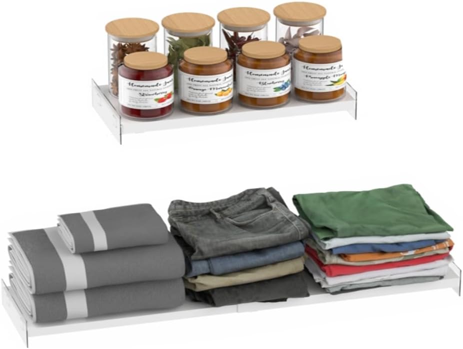 16.9-31.5 inch Expandable Closet Shelves, Adjustable Shelf Closet Organizer with Strong Adhesive Pads, Cabinet Storage Rack Wardrobe Divider Shelving for Closets Pantry Cupboard Kitchen