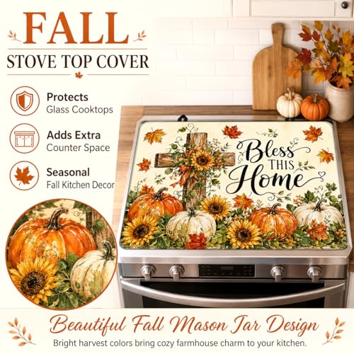 Image of Stove Top Cover for Electric Stove 28 inchx 20 inch, Fall Pumpkins Sunflowers Rustic Harvest Glass Top Stove Cover Protector, Glass Cooktop Covers, Kitchen Flat Electric Stove Top Covers