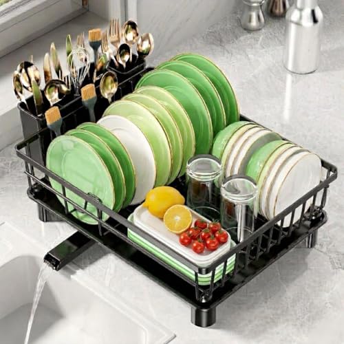 Image of HomeCloud Stainless Steel Dish Drying Rack for Kitchen Counter with Feet, 38 x 28 x 15 cm, Anti-Rust Dish Drainer with Smart Drainage Tray & Cutlery Holder (Black)