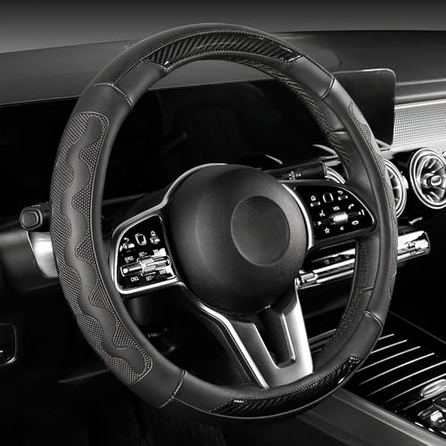 SEG Direct Funda de Volante para Coche Tamaño Mediano 37–39 cm, Cuero de Microfibra Grabado con Patrón de Fibra de Carbono, Negro