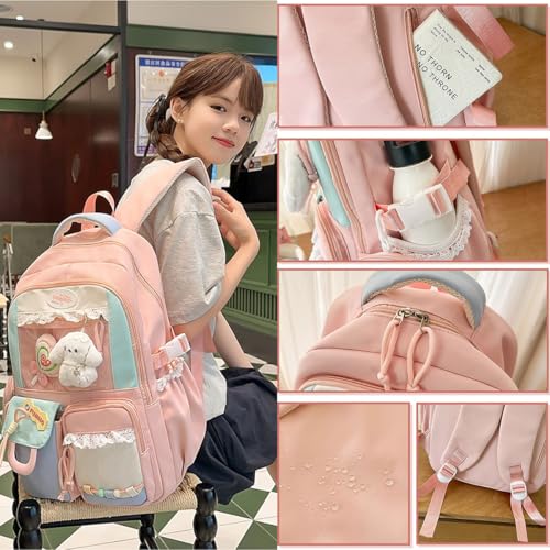 Kawaii Color Blocking Backpack with Case for Women Large Capacity Korean Travel Bag Y2K Ita Bag Sweet Dopamine (Khaki)3