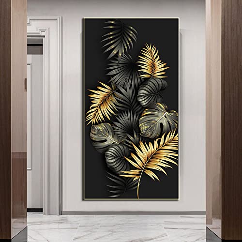 Toile peinture fleur d'or et feuilles noir 60x120cm sans cadre pour salon