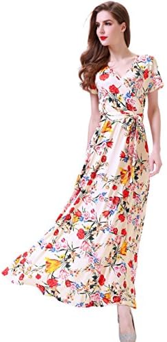 Melynnco Women's Vintage Floral Faux Wrap V Neck Short Sleeve Maxi Dress Small Apricot