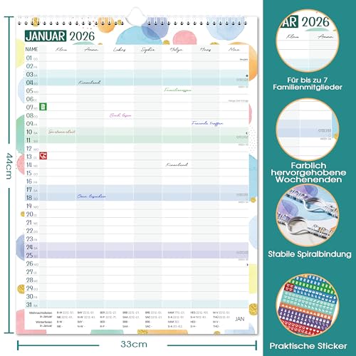 Familienplaner 2026 - Familienkalender 2026, Kalender 2026 Familienplaner 7 Spalten von Januar 2026 bis Dezember 2026, 33 x 44 cm, Bunte Blase