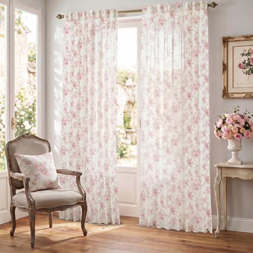 Pink Curtains for Nursery Girls Bedroom,French Country Sheer Blush Floral Victorian Toile Whimsical Pastel Dusty Rose Cottagecore Elegant Linen Curtains for Living Room Baby Kid 96 In Long 2 Panel Set