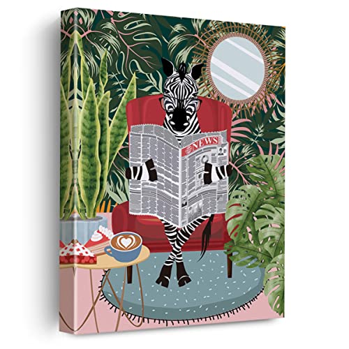 Zebra Reading Newspaper Canvas Poster Painting Wall Art, Botanical Zebra Picture Artwork Framed Print Ready To Hang For Home Office Wall Decor 12 X 15 Inch #TOP14