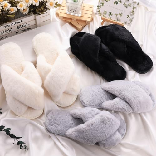 Image of VAIPI 6 Pairs Womens Cross Band Slippers Fuzzy Plush House Bridesmaid Slipper White | Black | Pink Open Toe Fluffy Slipper Soft Warm Bridal Slippers