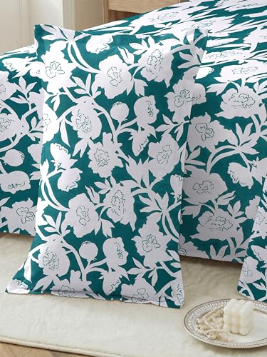 Image of Elastic Fitted Bedsheet with 2 King Size Pillow Covers, Double Bed, All Around Elastic, Floral, 72x78x8 Inches (Green Flower, Double