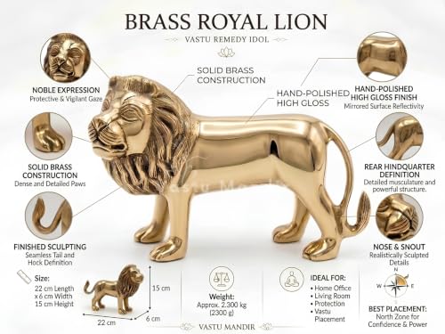Image of Pure Brass Lion Idol, Vastu Remedy for Strength & Courage (22 cm, 2.3 kg)