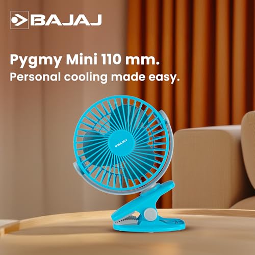 Image of Bajaj Pygmy Mini Fan 110MM | USB Charging | Multi-Clip Function | Rechargeable | 4-Hr Back-up | Silent Operation | Longer Battery Life | Energy Efficient | Portable 【Blue】