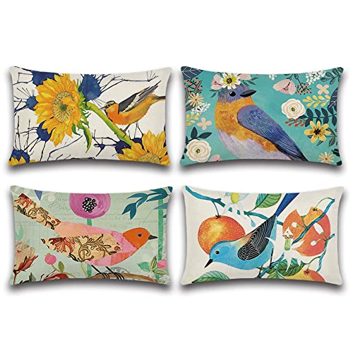 Artscope Extérieur Housse de Coussin, Lot de 4 Imperméable Fleurs et Oiseaux Classiques Motif Canapé Taie d'oreiller pour Patio Jardin Salon Chambre Décoration, 30x50cm