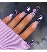 Halloween French Tip Press on Nails Long Coffin Fake Nails Full Black Wacky Ghost False Nails Sta...