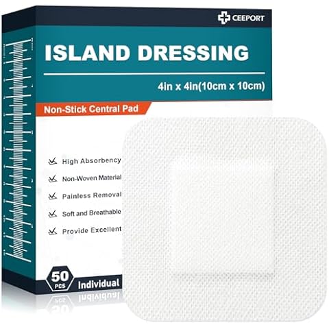 Ceeport Island Dressing 4"x4", 50 Individually Packed Bordered Gauze Pads, 2"x2" Non-Stick Pad in Center with Adhesive Border, Highly Absorbent Non-Woven Medical Grade Bandages for Wounds, First Aid Cover