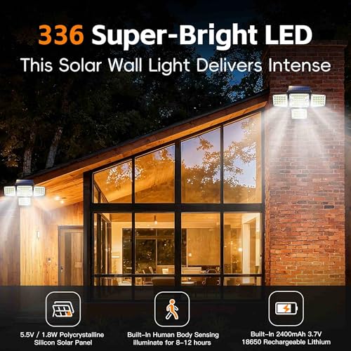 FAXBOX Solar Lights Outdoor 336 LED, Motion Sensor Security Wall Light with Remote, Split 4-Head Adjustable Design, 2400mAh Battery, Waterproof IP65 Garage, Driveway, Garden, Courtyard Lighting（2Pack by FAXBOX - Image 4
