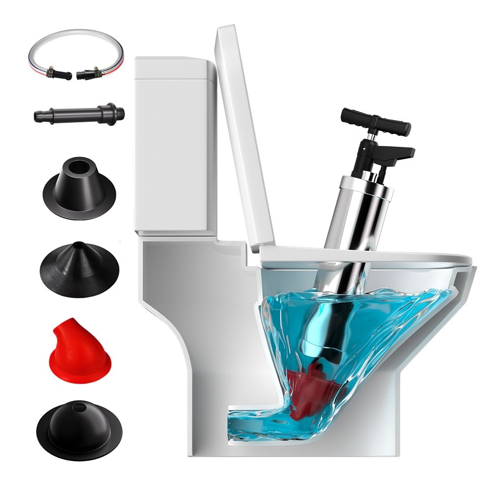 Sturalavandini a Pressione con 4 Testine Intercambiabili, Pompa Stura Scarichi a Pressione con Manometro Visivo, Tubo di Collegamento, per WC lavandino Vasca da Bagno, Rosso