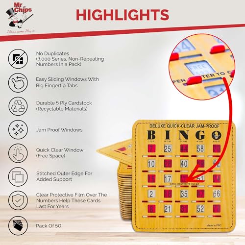 MR CHIPS Jam-Proof Quick-Clear Deluxe Fingertip Slide Bingo Cards with Sliding Windows - 50 Pack in Woodgrain Style