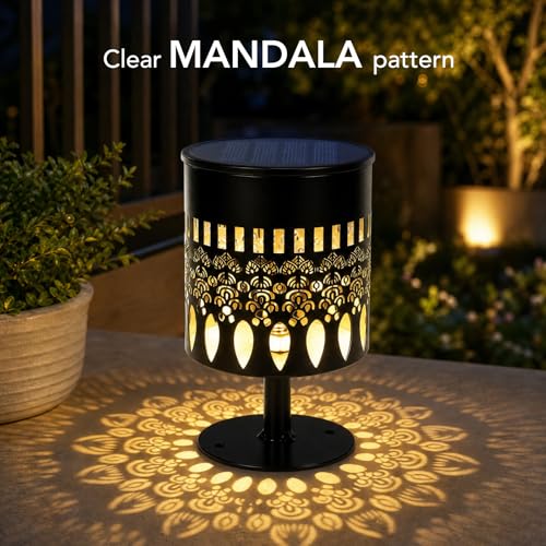Image of Neoglint 2 Pack Solar Mandala Fence Lights Outdoor IP55 Warm White | Exquisite Mandala Wall Deck Lights for Garden Patio Step, IP55 Waterproof Iron Wall Mount, Warm Glow Pattern, 800mAh 12H