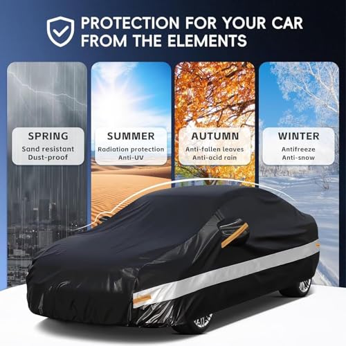 Image of 10 Layers Car Cover Custom Fit for Cadillac (DTS 2006-2012), Waterproof All Weather for Automobiles, Outdoor Full Cover Sun Dust Rain Protection with Cotton. Black