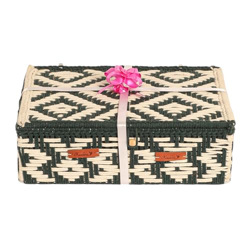 Image of Kaahira Handmade Decorative Storage Box and Organiser | Macrame Gift Hamper Box for Cosmetics, Toiletries & Return Gifts | Aesthetic Rope Woven Organizer (Green and White, Large - 14x10x4 inches)