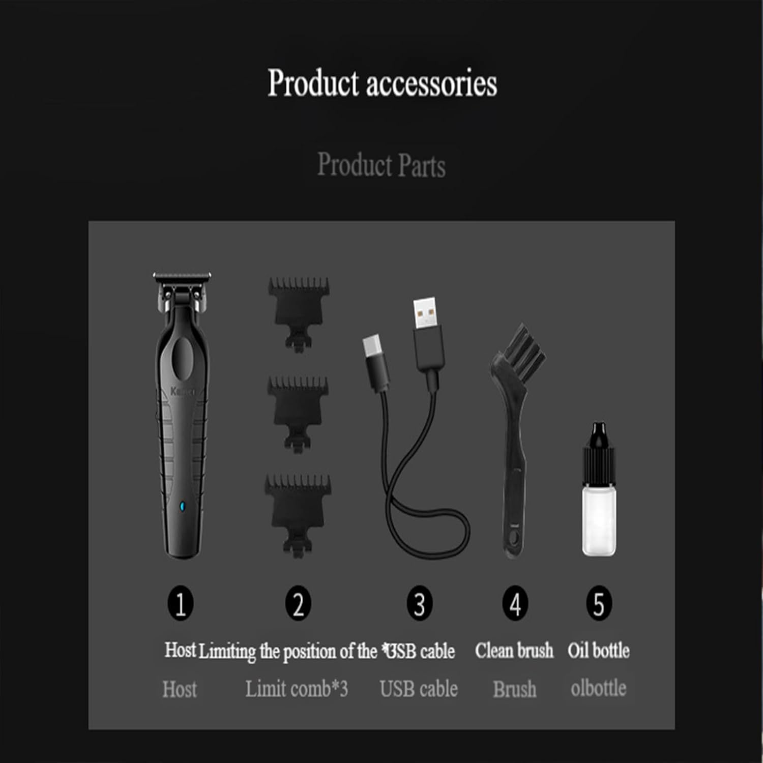 Image showing the Trimmer Plus Zero Gap Hair Clipper and its accessories: the trimmer, three guide combs, a USB charging cable, a cleaning brush, and a small oil bottle.