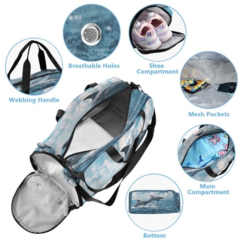 YETTASBIN Sport Travel Duffel Bag for Girls Boys, Dolphin Large Waterproof Weekender Overnight Bag, Detachable Shoulder Strap Gym Bag with Shoe Compartment & Wet Pocket4