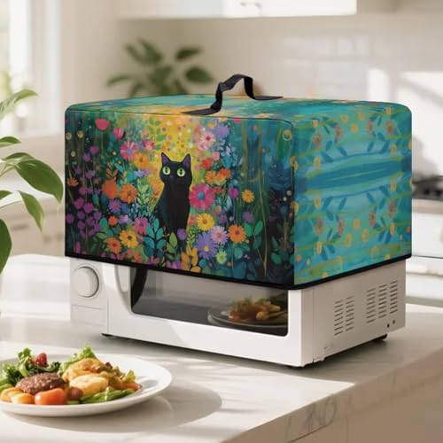 Image of Microwave Oven Cover Air Fryer Toaster Oven Dust Cover with Handle, Stain-Resistant Small Electric Appliance Protector for Kitchen Decor, S, Black Cat Daisy Floral Green