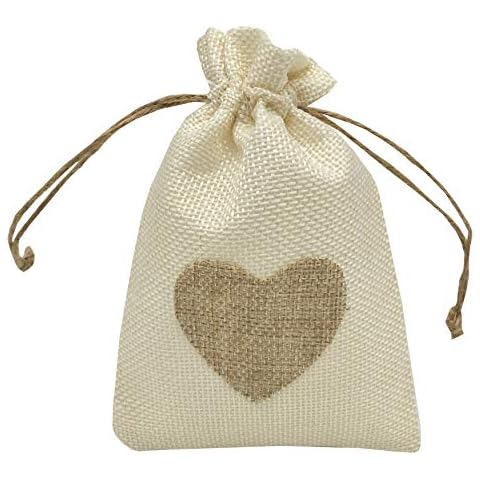 Sanrich 20 Pack Linen Burlap Bags 4" X 6" with Drawstring for Gift Bags Wedding Party Favors Jewelry Pouch Gift Sachets Favors (White Heart) Cover
