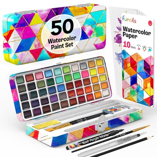 Funcils Watercolor Paint Set - 50 Travel Watercolors Set - Water Colors Paint for Adult Kids Beginners Professional Artists | Watercolor Palette with Paper Brush Pen | Art Supplies for Adults