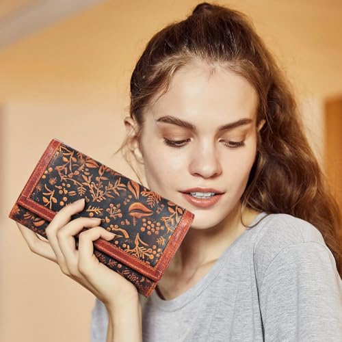 VALENCHI Leather Wallet For Women RFID Blocking Slim Minimalist Ladies Long Clutch Purse Organizer Credit Card Holder Slots with Zipper Pocket (Vintage Cognac)2