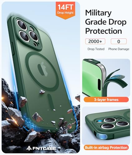 Image of FNTCASE for iPhone 15 Pro Max Case: [Compatible with Magsafe] Translucent Matte Cases with [Full Camera Protection] [Screen Protector] Military Grade Shockproof Protective Phone Cover - Green