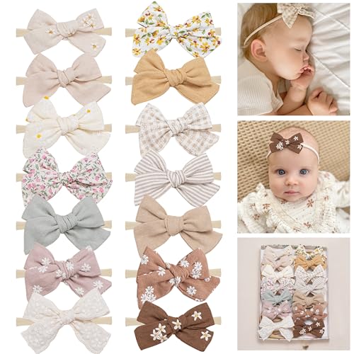 Image of Fancy Clouds Baby Girl Bows and Headbands,14 pcs Stretchy Soft Nylon Hairbands Hair Bows for Newborns, Infants, Toddlers - Handmade Baby Hair Accessories for Girls Gifts