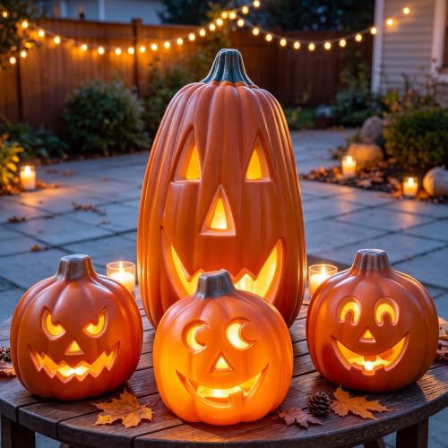 SiliFine 4 Pack Halloween Plastic Jack O Lantern, LED Light Up Pumpkin