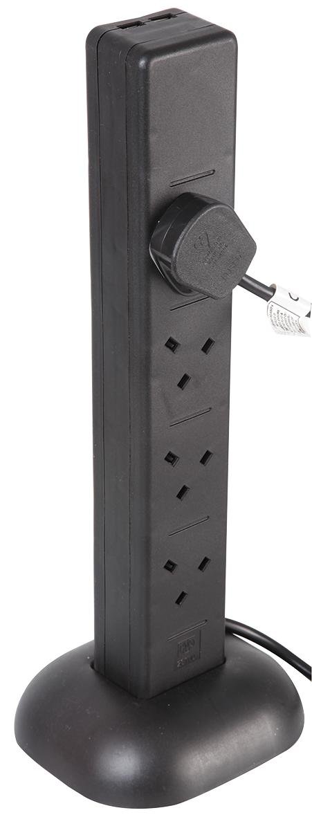 PRO ELEC 8‑Gang Tower Extension Lead with USB, 5m Cable, 13A, Black – PEL00139