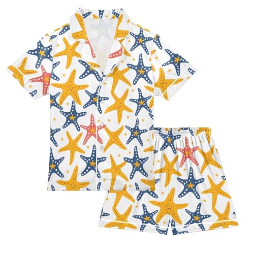 Starfish Creative Print Summer Satin Pajama Set, Cute Button-Down Sleepwear Pj Set for Sleep Wears