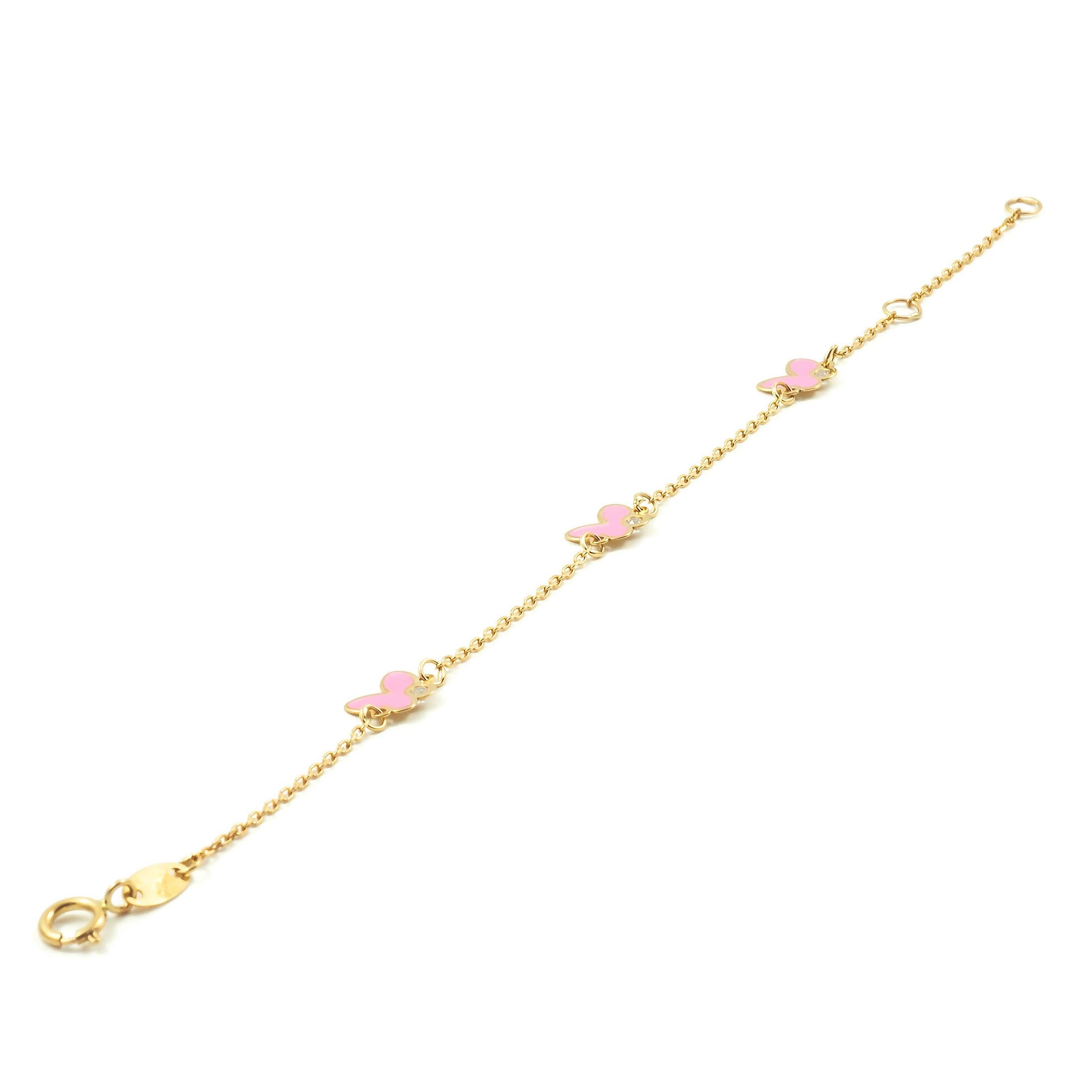 Monde Petit Bracciale bambina farfalle smaltato rosa - oro giallo 9k (375) - Scatola Regalo - Certificato di garanzia