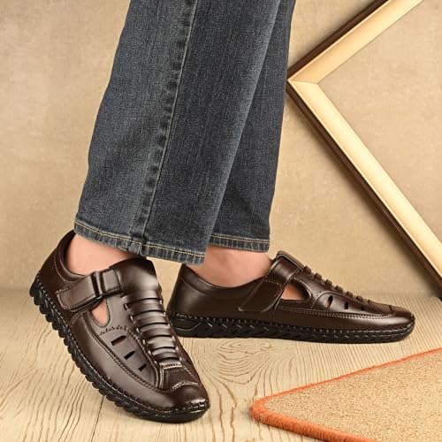 Image of Centrino Men's Fisherman Sandals | Closed Toe Leather Casual Sandal with Velcro Strap | Comfortable Casual Footwear Walking & Office Travel (9576)