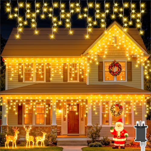 Isisyu Icicle Lights Outdoor 20M/65Ft 480 LED Warm White Icicle Lights Plug in Waterproof Icicle Outdoor Christmas Lights with 8 Modes Timer Memory Function for Xmas Eaves Garden Roof Window