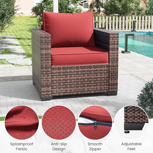 Image of Amopatio Wicker Outdoor Sofa & Patio Couch Set - High Back Waterproof Patio Furniture Single Armrest Chair with Non-Slip Cushions, Outdoor Furniture Cover,Burgundy