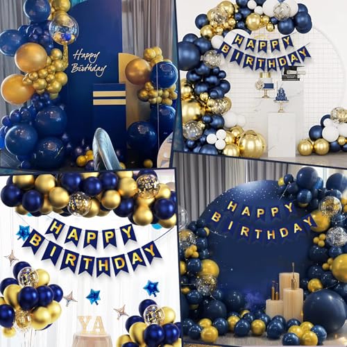 Image of Navy Blue Birthday Party Decorations for Men Decor 100pcs Gold and Navy Blue Balloons Garland Arch Kit Pre-Strung Happy Birthday Banner Girls 16th 18th 30th 40th 50th 60th 70th 80th 90th for Boys