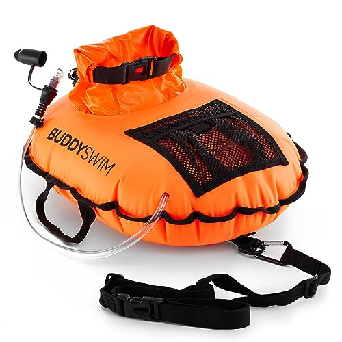 BUDDYSWIM Boya Natación Aguas Abiertas Hydrastation Pro Bolsa Estanca Central Fácil Acceso para Guardar Pertenencias, Botella de Agua o Comida. Boya de Natacion. Vejiga de Agua. Color Naranja.