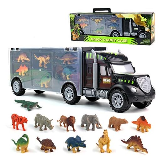 Dinosaurio del Juguete Camión de Transporte Transportador Coches con 12 Figuras de Juego de Dinosaurios de Dinosaurio Plásticos Educativo Juguete para Niños (Tamaño del camión: 39 cm * 8,5 cm * 12 cm)