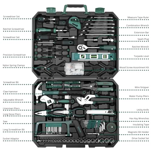 Image of DEKOPRO Tool Set: 228 Piece Home Tool Kit, Household Basic Repair Tool Set Comes with Storage ToolBox, Socket Wrench Set for Car, Hand Tool Box Set for Home - Green