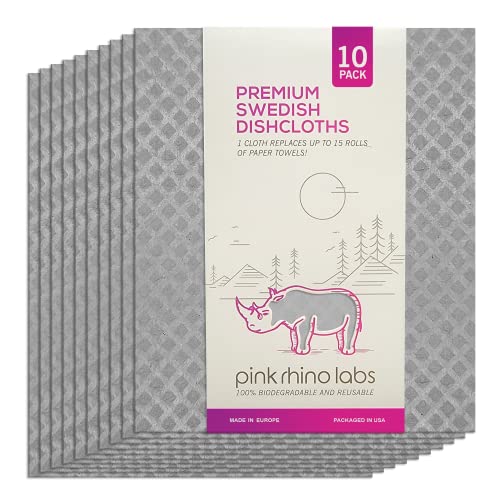 PINK RHINO LABS Swedish Dishcloths – Eco-Friendly Reusable Kitchen Towels – 10 Pack Cleaning Cloths for Dishes, Counters & Surfaces – Super Absorbent, Compostable, Zero-Waste Alternative