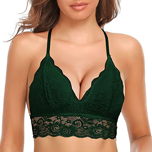 SHEKINI Lace Floral Bra Padded Breathable Racerback Wire Free Sexy Bralette Dark Green - Image 3