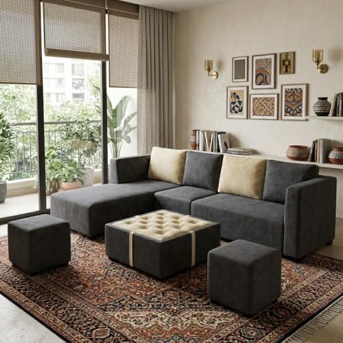 Image of FURNY Olympus 8 Seater LHS L Shape Sofa Set | Plush Velvet Suede Fabric | Modern Design | Soft Comfort Dual Color Cushions for Living Room, Office & Hotels (Dark Grey-Cream)