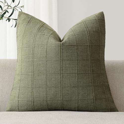 Image of Foindtower Set of 1 Decorative Linen Check Throw Pillow Cover Neutral Farmhouse Vintage Cushion Cover Modern Boho Home Decor for Sofa Chair Couch Bedroom Living Room,24x24 Inch,Sage Green