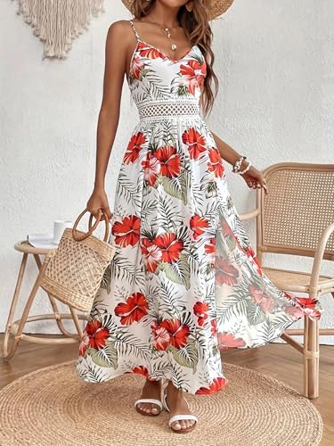 Image of Women's Hawaiian Maxi Dresses Summer Sun Floral Sleeveless Beach Vacation | V-Neck, Spaghetti Straps, Flowy, Boho, Resort